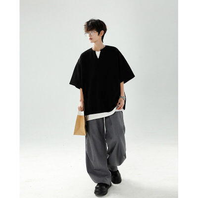 8XL-M 特大码短袖男假两件五分袖高品质空气层宽松上衣DX321P35