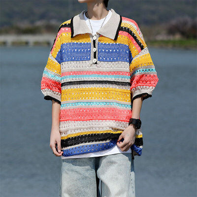8XL-M 特大码美式复古条纹撞色针织POLO衫翻领休闲短袖TDX311P35
