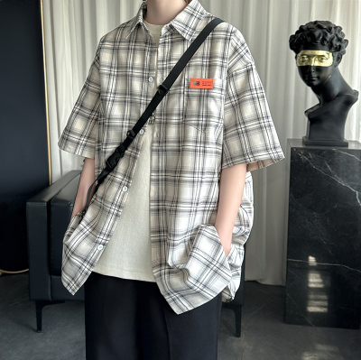  2025新款爆款宽松设计夏季韩版痞帅短袖衬衣条纹衬衫