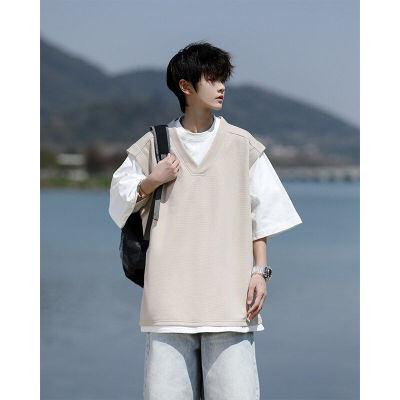港风日系假两件短袖t恤男夏季重磅设计感小众半袖体恤DT003P48