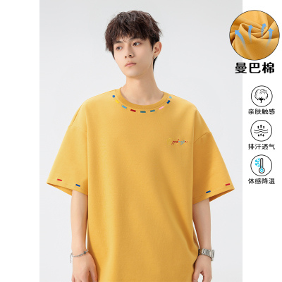 特批P30无差价25夏季曼巴棉撞色潮流彩色刺绣宽松短袖T恤男T5371