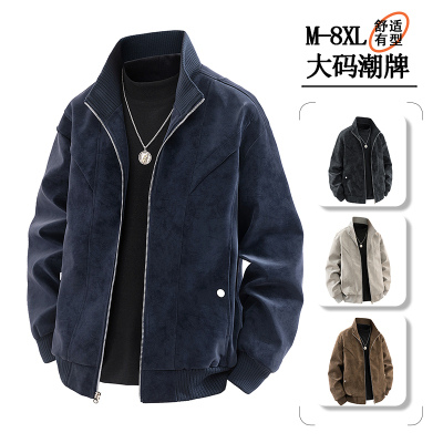 M-8XL春秋季新款大码夹克男翻领PU皮衣男灯芯绒宽松潮牌港风胖子装抖音爆款直播男装外套-控价119