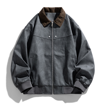 原创版权【工厂主推】秋季新款底特律PU夹克男潮牌痞帅灯芯绒翻领棒球服美式复古工装皮衣外套