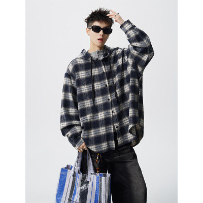 S-3XL 色织格纹连帽衬衫男宽松美复古磨毛黑白格子外套CS535P48特