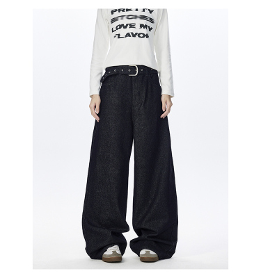 丹宁锁色原牛低腰弯刀老钱风阔腿本布腰带牛仔裤(P60X98)