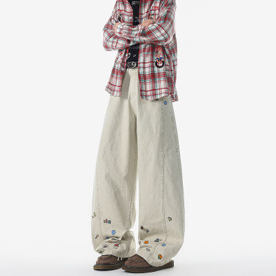 8X-M 卡通绣花休闲裤男2025新款情侣宽松阔腿弯刀裤子K9173P78