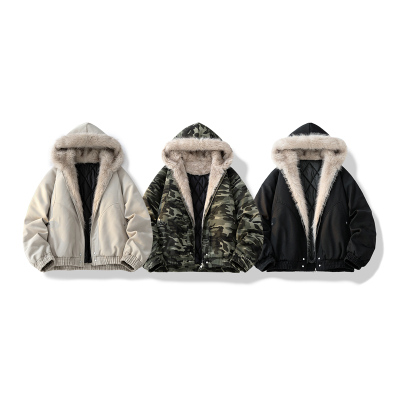 美式复古加绒毛领外套女秋冬新款宽松连帽派克棉服夹克-2519