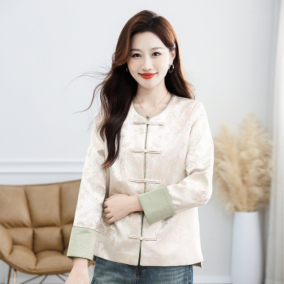 妈妈装复古小外套女短款新中式提花缎面盘扣2025春秋新款气质上衣