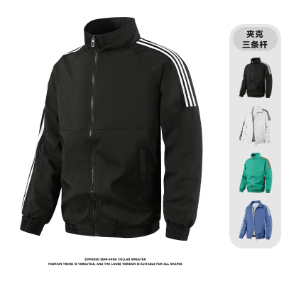 三条杠中青年冲锋衣男款秋季户外运动条纹立领夹克cleanfit短款外套