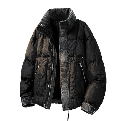 冬季新国标羽绒新款服美式高街牛仔拼接工装羽绒服外套新款 