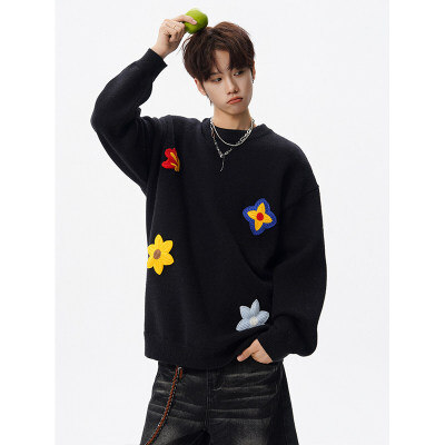 重磅美式花卉设计圆领毛衣男百搭套头针织衫黑色线衣 MY1258-P55