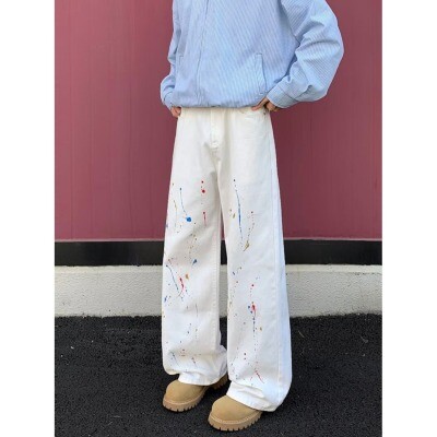 2025新款美式泼墨牛仔裤男显高显瘦裤子直筒微喇裤