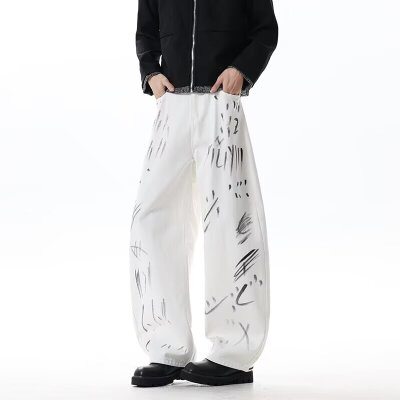 2025新款泼墨破洞牛仔裤男裤子美式高街潮牌微喇叭裤