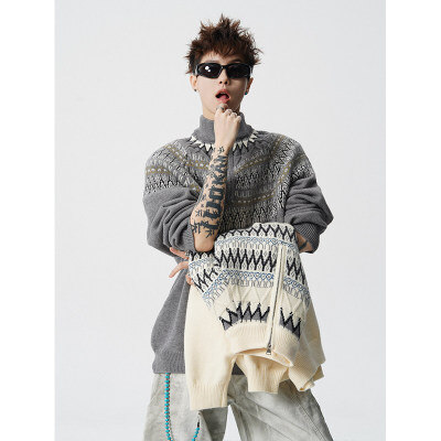 费尔岛毛衣男复古提花毛线衣加厚半拉链半高领针织衫 MY1264-P75