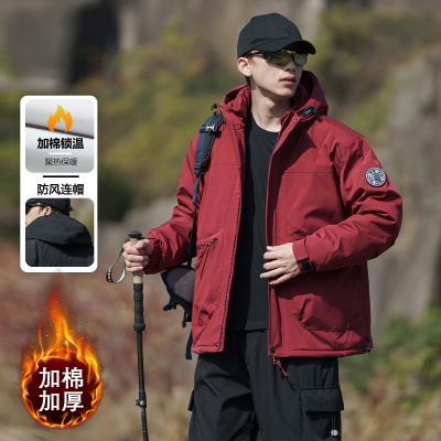 2113户外连帽冬季加绒棉服男士大码工装防寒保暖加绒加厚宽松防风中青年棉衣男
