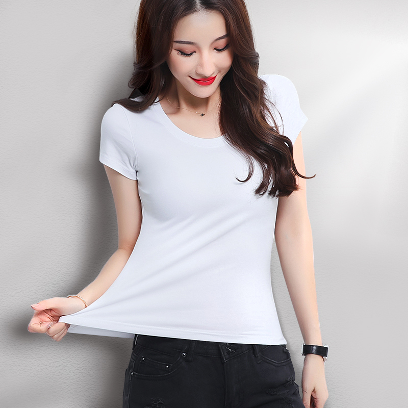 2018早春新款白色短袖t恤女修身圆领夏季体恤百搭半袖打底衫韩范