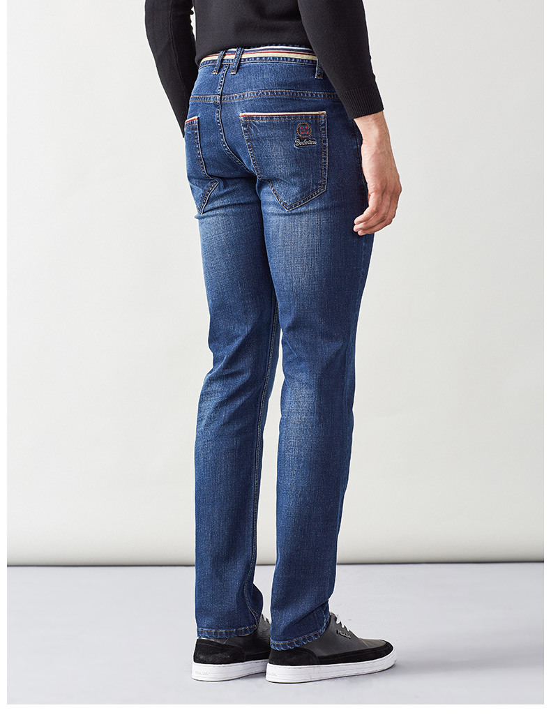 传奇保罗男士裤子春季新款2017男裤深色蓝色中腰直筒水洗牛仔裤男