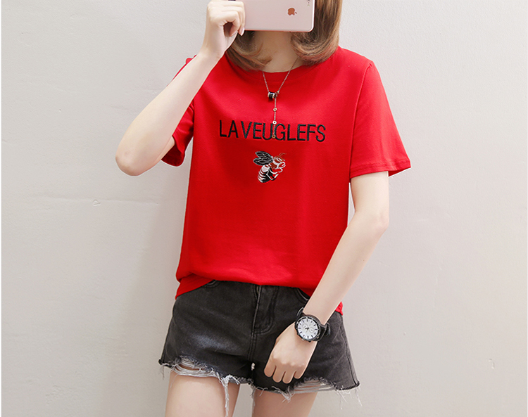 2836纯棉刺绣字母圆领短袖t恤女95棉5氨纶